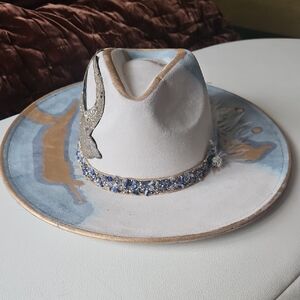 Judith March White and Blue Hat with Gold Accents